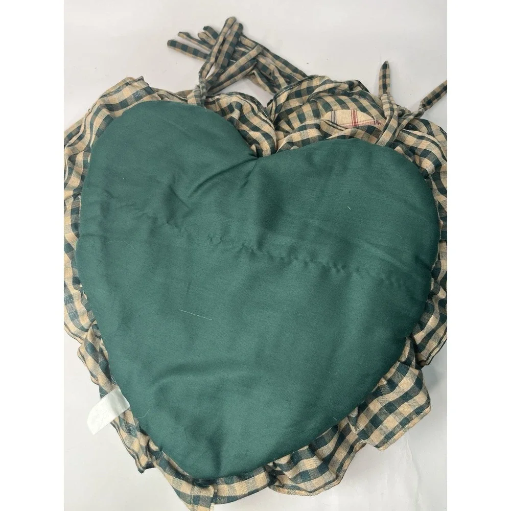 Vintage Primitive Apple Chair Cushions Set of 7 Green Gingham Plaid Tie-On READ
